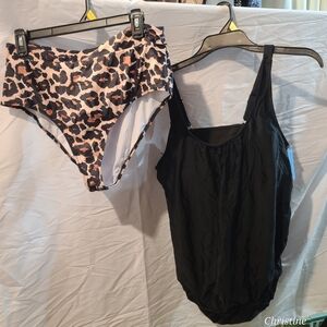 YONIQUE Black & Leopard Print High-Waisted Bikini Bottom and Black Swimsuit.